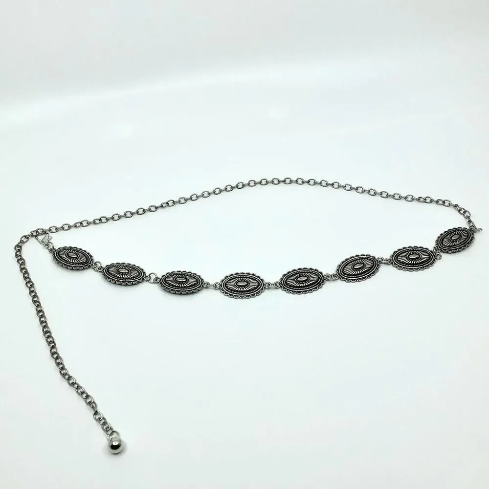 Vintage Y2K Western Silver Concho Chain Belt, Fits 16–39.5 Inches, X7GA1222